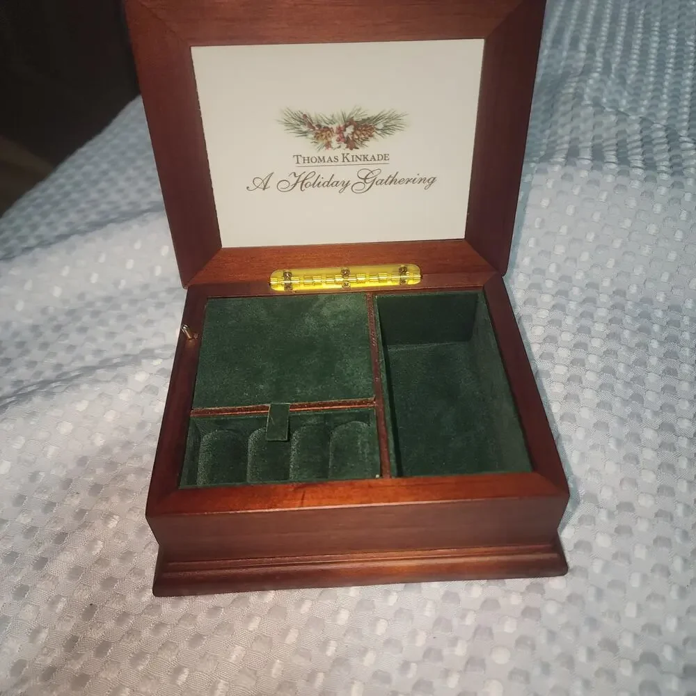 THOMAS KINCAID EUC WOODEN HOLIDAY GATHERING MUSIC JEWELRY BOX